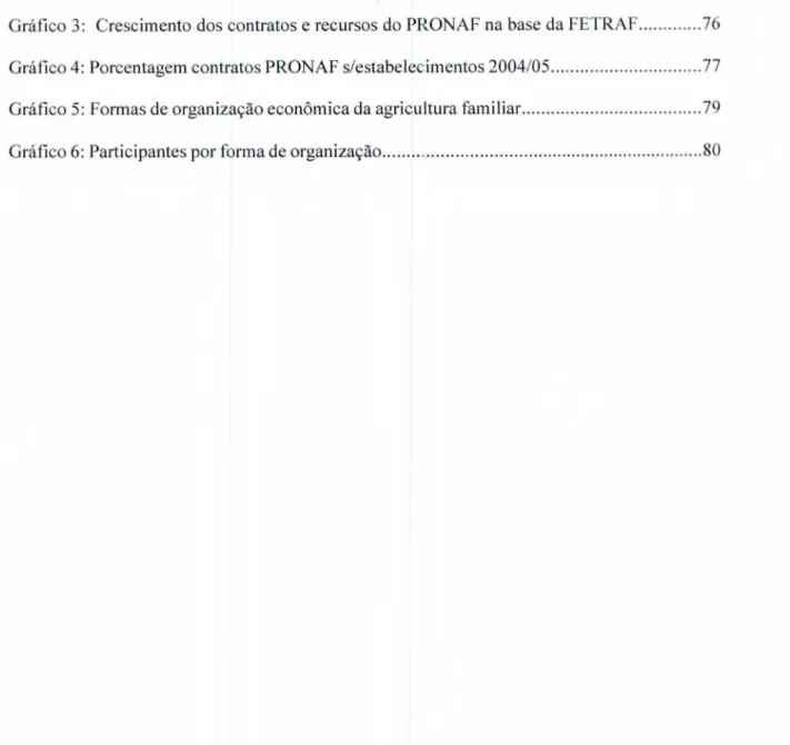 Gráfico 2:  Crescimento dos contratos  e  recursos do PRONAF- Região Sul do Brasil  75  Gráfico 3:  Crescimento dos contratos  e  recursos do PRONAF na base da FETRAF  76  Gráfico   4: Porcentagem contratos PRONAF s/estabelecimentos 2004/05  77  Gráfico 5: