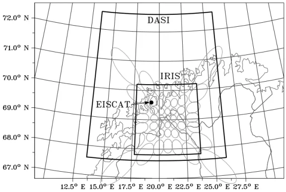 Fig. 1. A geographic map of northern Scandinavia showing the field of view of the Digital All-Sky Imager (DASI) processed data (large trapezium), the field of view of the Imaging Riometer for Ionospheric Studies (IRIS) processed data (small trapezium), the