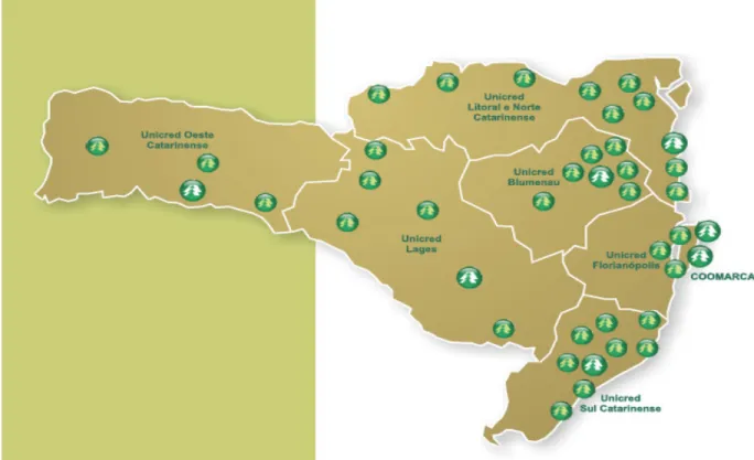 Figura 3.  Mapa de atuação do Sistema Unicred em Santa Catarina em 2010  