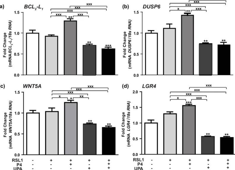 Fig 3. Hormonal regulation of P4-PRA-upregulated genes. (a) BCL 2 -L 1 , (b) DUSP6, (c) WNT5A, (d) LGR4 mRNA expression levels were determined in MDA-iPRA cells
