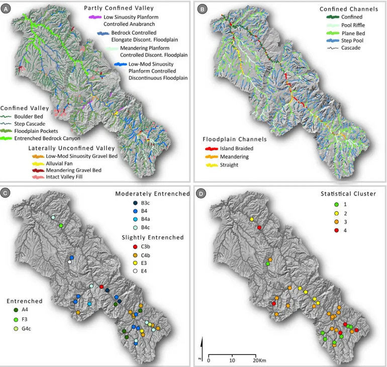 Fig 3. Results of the four classifications. (A) River Styles, (B) Natural Channel Classes, (C) Rosgen Classification System, and (D) statistical classification with clustering (partitioning around medoids) mapped across the Middle Fork John Day Basin