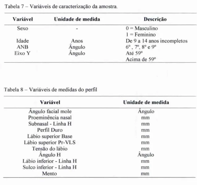 Tabela  7 — Variáveis  de  caracterização  da amostra. 