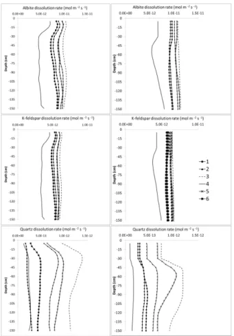Figure 6. Effect of initial texture (shown in Table 1) on the depth distribution of silicate disso- disso-lution rates
