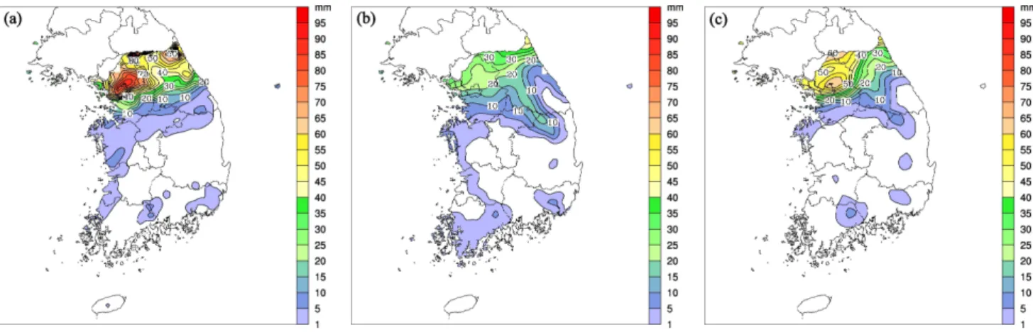 Fig. 2. A 6-h accumulated precipitation (in mm) of (a) observation from 592 rain gauge data, and experiments with (b) the default parameters and (c) the GA-estimated parameters, ending at 18:00 UTC 26 June 2005