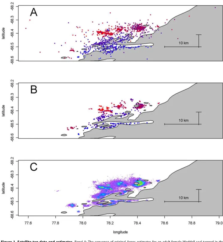 Figure 1. Satellite tag data and estimates. Panel A: The sequence of original Argos estimates for an adult female Weddell seal tagged in the Vestfold Hills, with time scale from red to blue