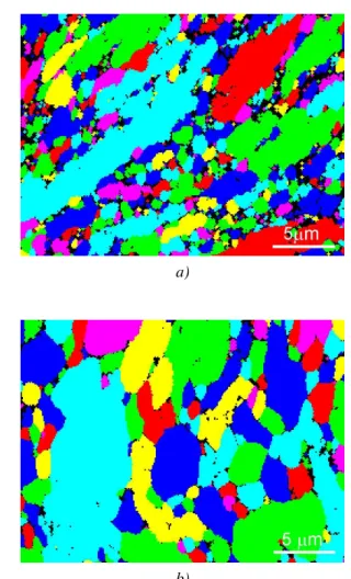 Fig. 4. Microstructure of UFG Cu after fatigue  loading as observed by EBSD: a) stress-controlled 