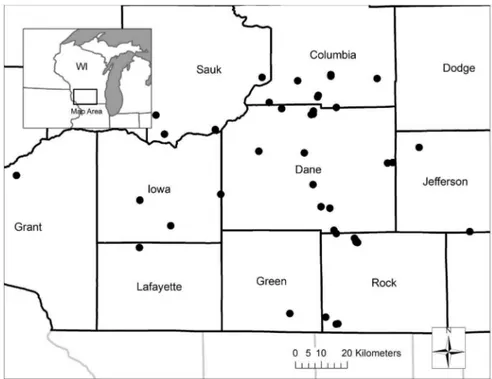 Figure 1. Study sites (solid circles) and counties in southern Wisconsin, USA.