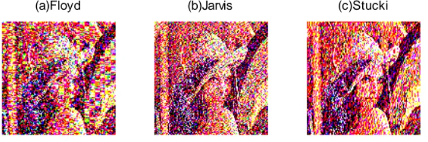 Figure 3.9 Halftone of Lena image using different kernels (a) Floyd (b) Jarvis and (c) Stucki 