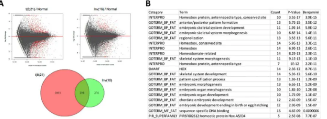 Fig 3. Commonly expressed genes in CBF AML. (A) Differentially expressed genes (red dots in the MA plot) in t(8;21) and Inv(16) vs