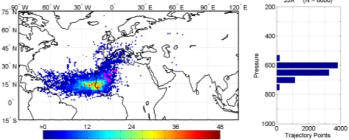 Fig. 12. CIRRUS’ cloud points originating from Taklimakan desert (perimeter shown in magenta) in MAM.