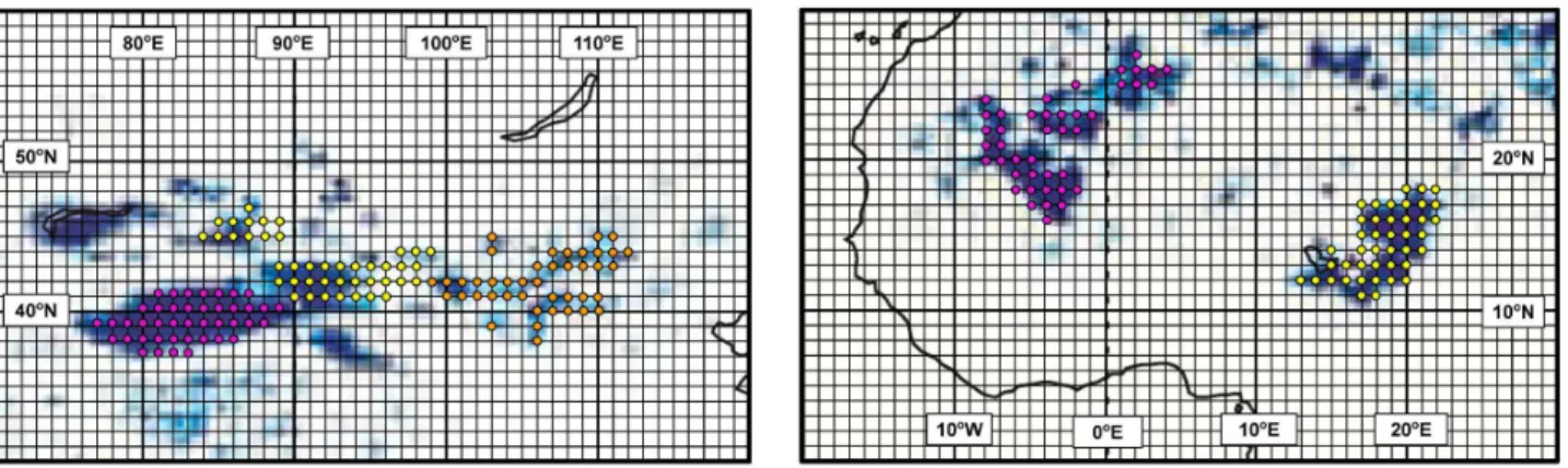 Fig. 1. Circles show the locations of Asian (left) and African (right) trajectory starting points (42 per region) used in this study, superim- superim-posed on a map (adapted from Tegen, 2003) of preferential dust source areas (in blue) derived from potent