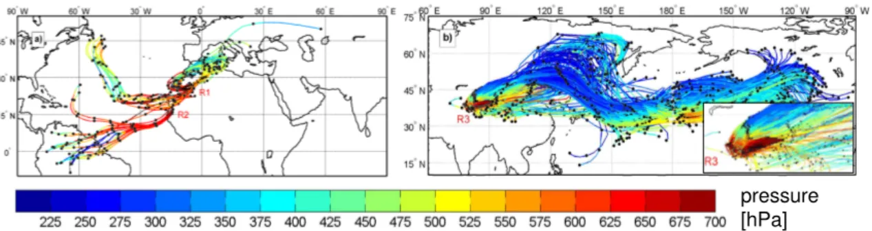 Fig. 3. Trajectories started from 700 hPa in African dust plume regions R1 and R2 (a) and in Asian dust plume region R3 (b) that ascended to altitudes above the 450-hPa level
