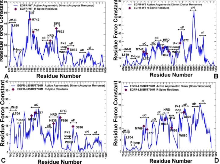 Figure 7. The Force Constant Profiles of the Active EGFR Dimers. Dynamics-based analysis of structural stability in the active asymmetric dimers of EGFR-WT (A, B) and EGFR-L858R/T790M double mutant (C, D)