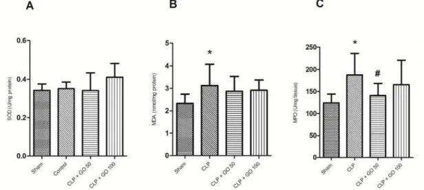 Figure 	2.	The	parameters	of	lung	tissue	oxidative	stress	measured	 	hr	after	cecal	ligation	and	puncture	 n=	 .	 A 	SOD	activity.	 B 	 MDA	level.	 C 	MPO	activity.	CLP,	cecal	ligation	and	puncture;	GO	 ,	Gamma	oryzanol	 	mg/kg	peroral.	 	hr	before	CLP;	GO