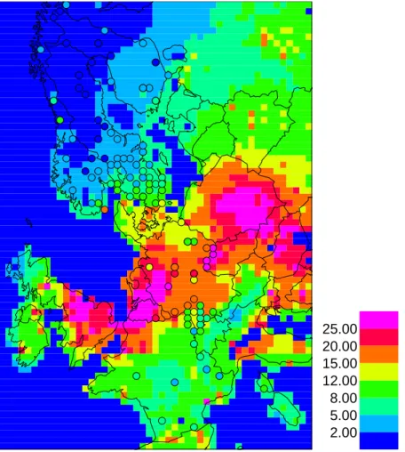 Fig. 4. Yearly average total deposition of SO 2− 4 in coniferous forests, kgS ha −1 yr −1 