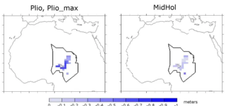 Fig. 8. Roughness length (m) difference between “lake” and standard experiments.The differences between mid-Holocene and Pliocene are due to different lake free vegetation distributions.