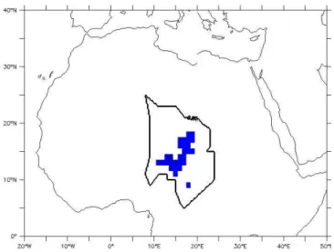 Fig. 1. Imposed lake surface in LMDZ4 for “lake” experiments. The black contour line represents the Chad hydrological basin  (catch-ment) limits.