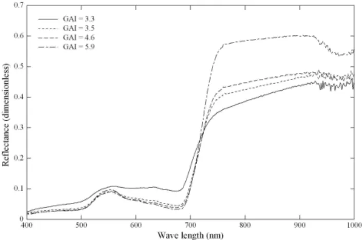 Fig. 2. Representative examples of multispectral reflectance for a range of GAI (green area index) values