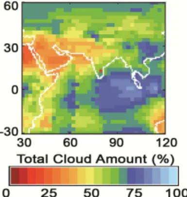 Figure 1. Average cloud cover (in terms of % of occurrence) over India. The cloud cover data are generated by International Satellite Cloud Climatology Project (ISCCP) from the day and night  mea-surements of polar orbiting satellites made during 1983–2009