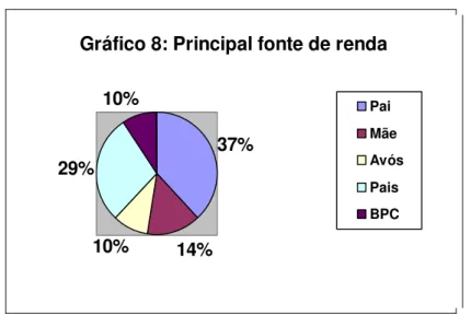 Gráfico 8: Principal fonte de renda 37% 10% 14%29%10% Pai Mãe AvósPaisBPC
