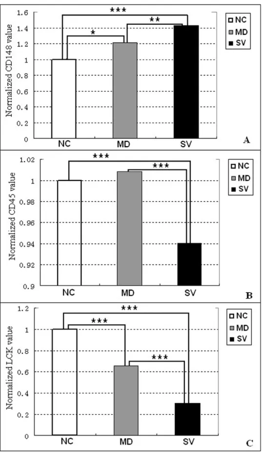Figure 5. Comparison of CD148, CD45 and LCK expression among NC, MD and SV. (A) CD148