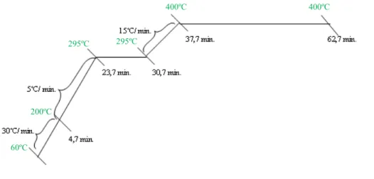 Figura 2.27: Esquema representativo do programa de temperaturas utilizado no ensaio dos fitoesteróis (Verleyen, 2001).400ºC400ºC295ºC295ºC200ºC60ºC