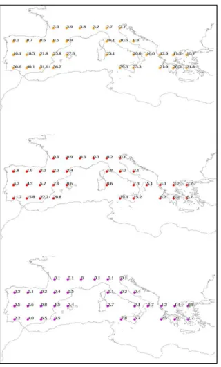 Figure 2. Mean annual number of days with an air temperature higher than 20 ◦ C (orange points), 22.5 ◦ C (red points) and 25 ◦ C (purple points) at 850 hPa in the June–September period from 1978 to 2012.