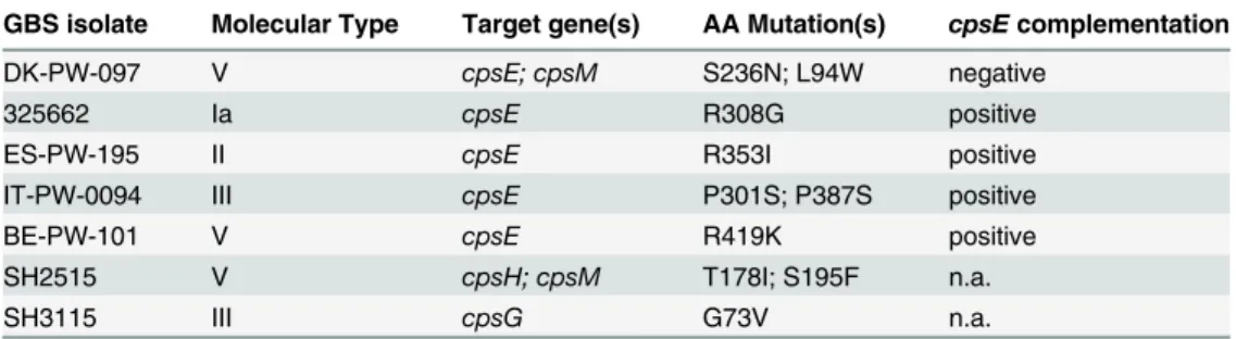 Table 3. NT GBS strains presenting missense mutations and the results of cpsE complementation in same strains.