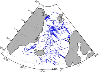 Figure 2. Data distribution of Nordic Seas CARINA data, num- num-ber of samples by (a) year and (b) latitude, binned into 5 ◦ latitude bands