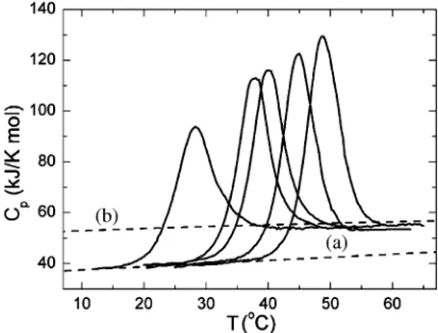Fig. 1 shows the temperature dependence of the partial molar heat capacity of holo-AK at different pH values