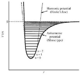 Figure  3-4  (70)  Potential  energy  of  a  diatomic  molecule  as  function  of  the  atom’s  separation  with  quantized vibration quantum numbers displayed.