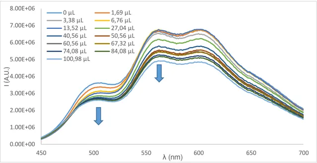 Figura 3.11  - Variação  de intensidade de fluorescência de chalcona/catião (503  nm)  e de catião/base  quinoidal (562  nm) durante a titulação com ct-DNA