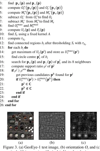 Figure 3. (a) GeoEye-1 test image, (b) orientation O r  and (c)  magnitude M r  images (r = 45 pixels)