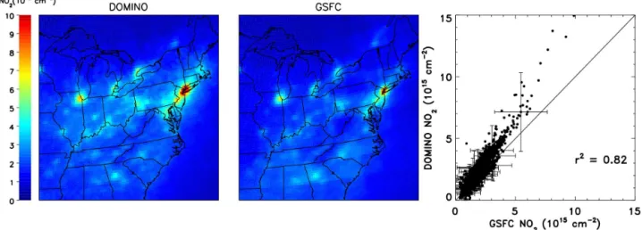 Figure 1. Average OMI tropospheric column NO 2 observations for July and August 2007 for both the DOMINO (left) and GSFC (middle) retrievals