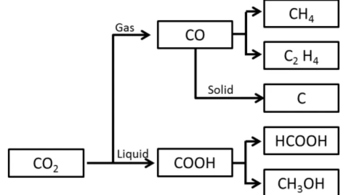 Figure 1.3  – Reaction products and intermediates for CO 2  reduction reactions. Adapted from [6]
