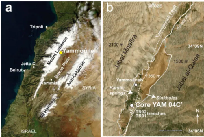 Fig. 3. The Yammoˆuneh basin in Lebanon. (a) Satellite view of Lebanon in winter (January 2003), main morphological structures.