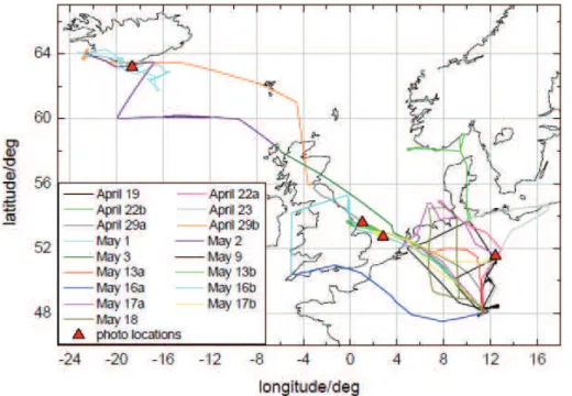 Fig. 3. Flight routes of DLR Falcon during the volcanic ash mission in April/May 2010