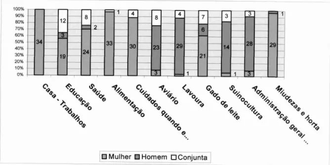 Gráfico 06 - Responsabilidades assumidas na propriedade e na  família - segundo sexo' Fonte: Entrevistas realizadas pela pesquisadora, Concórdia (SC), 2008.