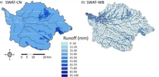 Fig. 2. Spatial distribution of surface runoff in Gumera modeled with (a) SWAT-CN and (b) SWAT-WB (White et al., 2010).