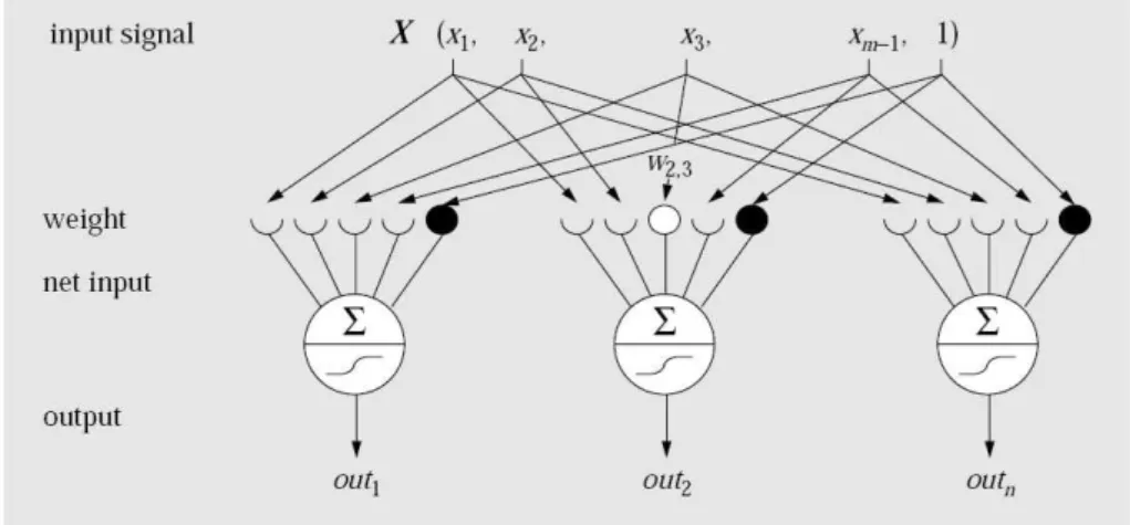 Figure 2.4: Network with one layer (adapted from J. Zupan and J. Gasteiger, Neural Networks in Chemistry and Drug Design, Wiley-VCH, Weinheim, 1999).