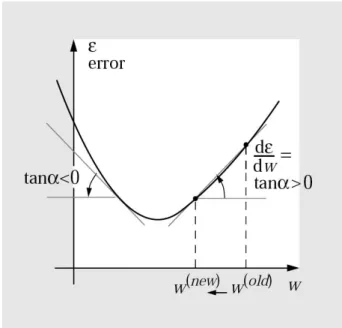 Figure 2.16: Error as a function of the weight (adapted from J. Zupan and J. Gasteiger, Neural Networks in Chemistry and Drug Design, Wiley-VCH, Weinheim, 1999).