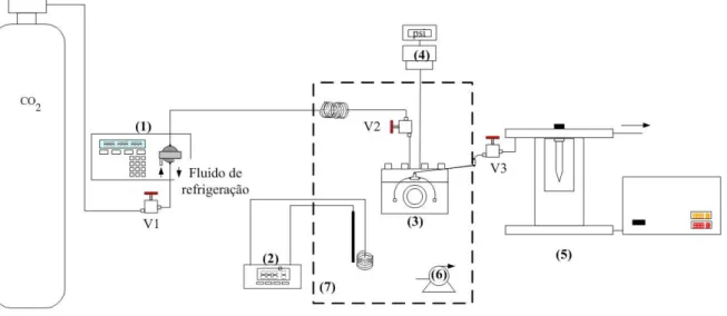 Figure 2.2 - Layout of the high-pressure apparatus for the membrane formation: (1) Gilson 305 piston pump; 