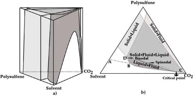 Figure 2.9 - a) Schematic representation of an isothermal phase diagram for the ternary system PS–solvent–