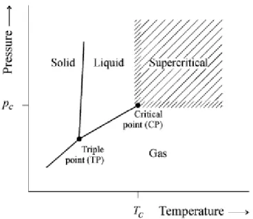Figure 1.6 - Definition of supercritical state for a pure component. CP critical point, TP triple  point, Tc critical temperature, Pc critical Pressure1 
