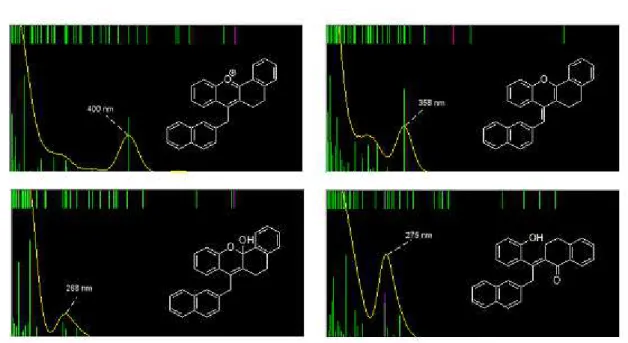 Figura 8 – espectros de absorção de 11 e espécies em equilíbrio gerados por computação