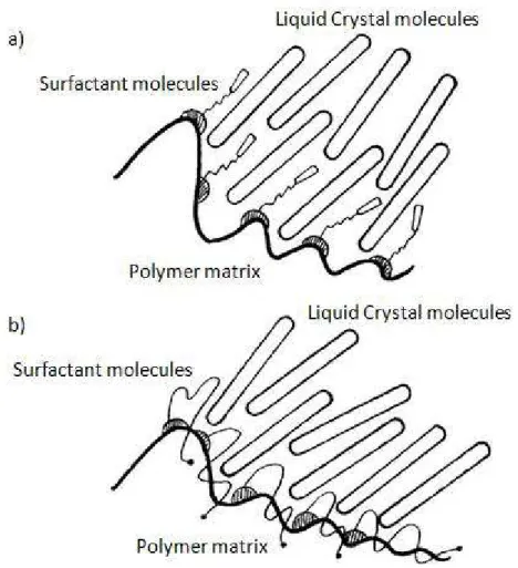 Figure 2.2 – Interaction and effect of surfactant on a polymer dispersed liquid crystal