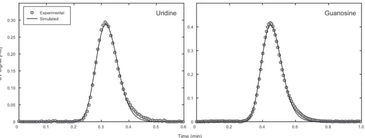 Figure 4.8: Experimental (symbols) and fitted lines (lines) chromatograms for at a interstitial flow velocity of υ = 90 cm/min for a injection loop of 500µl and a concentration of 0.1 g/l each.