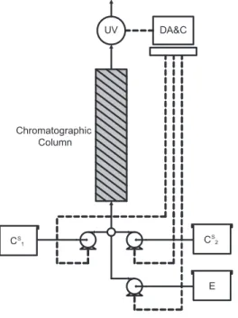 Figure 4.2: Schematic diagram of experimental setup. The main equipment comprises a chromatographic column, three HPLC pumps and an UV detector.