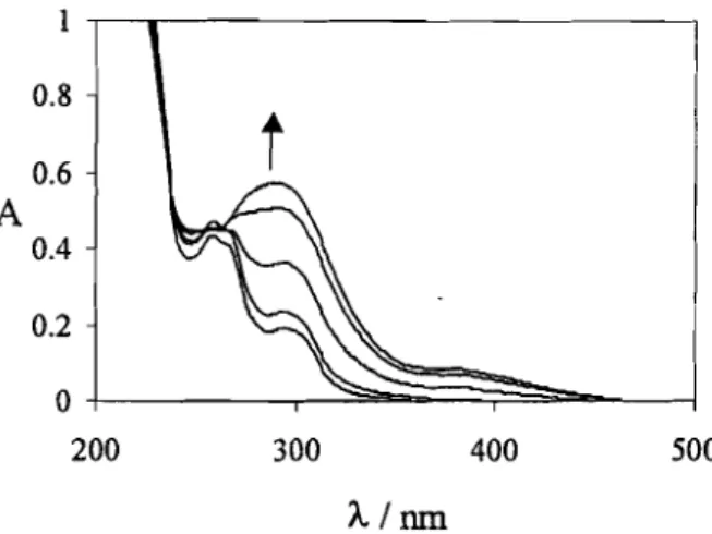 Figura 3.30 - Espectros de absorção de uma solução de cloreto de 3-metil-4'-metoxiflavílio 5xlO-sM em função do pH: 8.54, 9.1, 10, 10,74, 12.