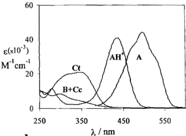 Figura 4.4 - Espectros de absorção das espécies Alt&#34;, A, B+Cc e Ct do 4'-hidroxiflavílio.